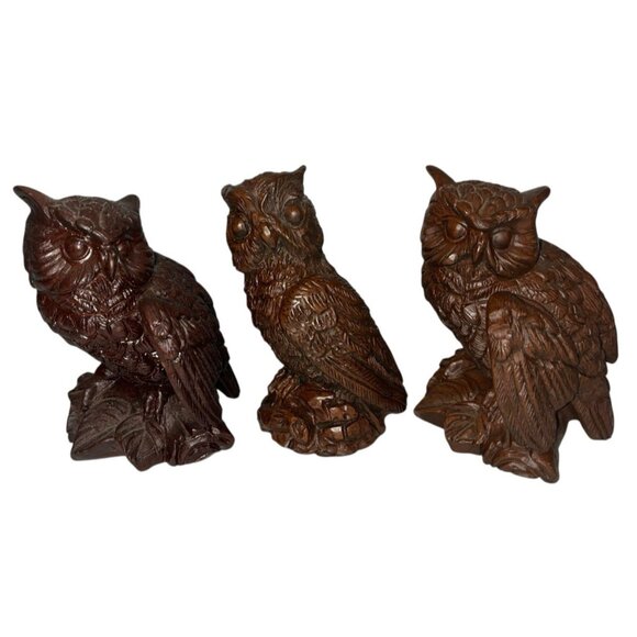 3 Statues Owl Figurine Twin Vintage Red Mill 1989 Collection Decor Nature Birds - Picture 1 of 7